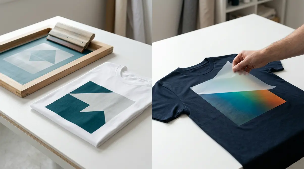 Comparação entre estampa em silk numa camiseta branca e transfer DTF aplicado numa camiseta escura